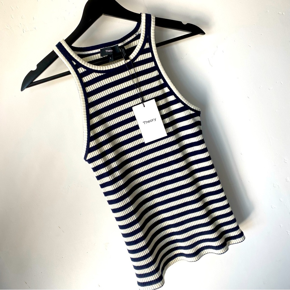 Theory Racer Tank, brand new with tags. Small, Navy & Cream stripe Rib